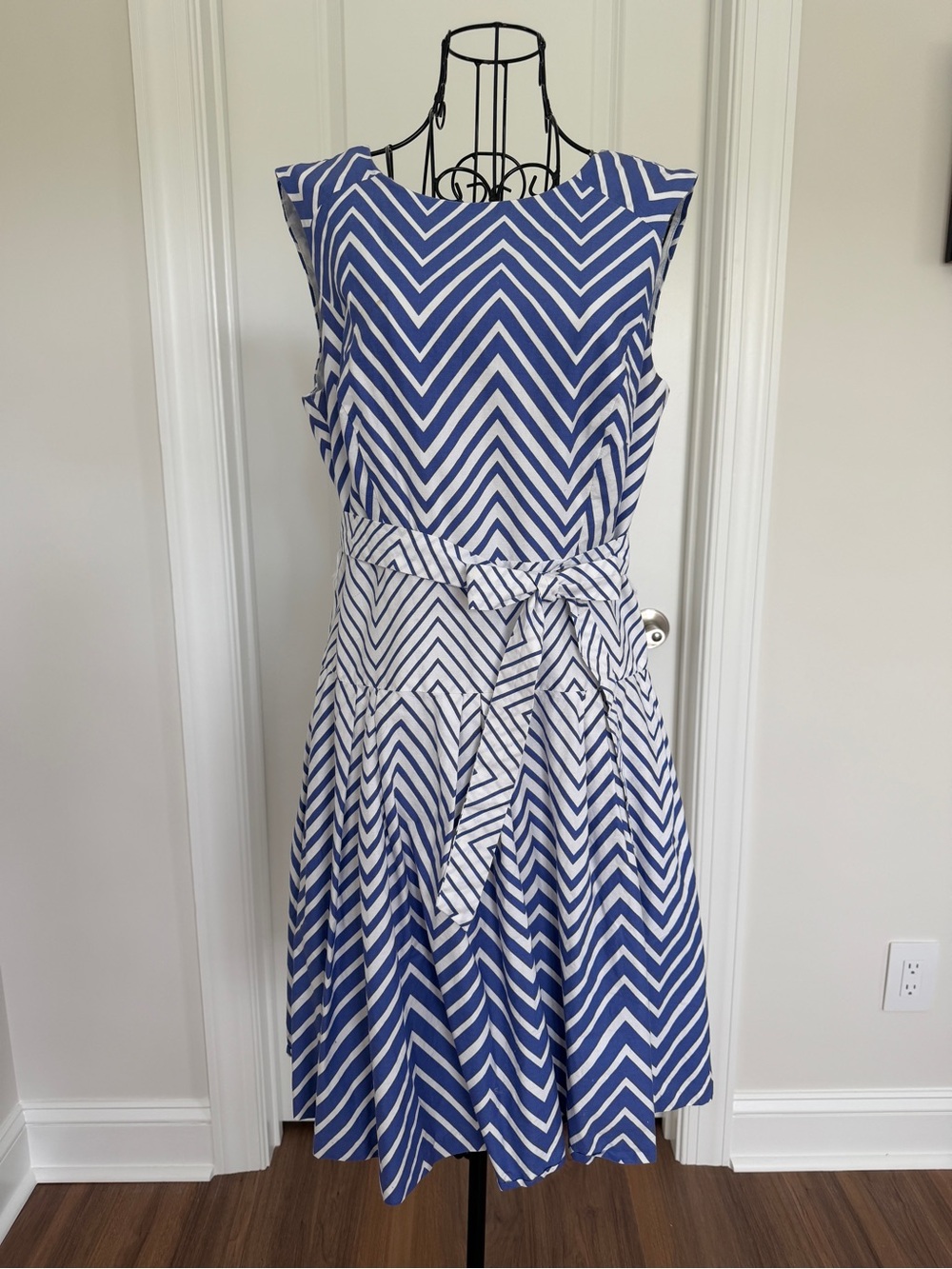 Robbie Bee Blue and White Chevron Tie-Waist Dress